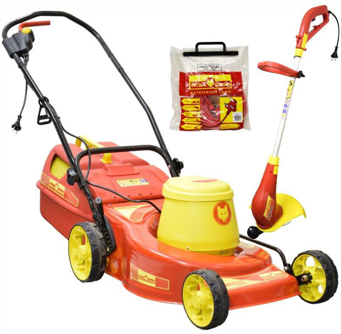 Wolf Lawnmower 2200W+650W Trimmer+20M Ext Crd AC Adapter Cylinder Push Lawn Mower
