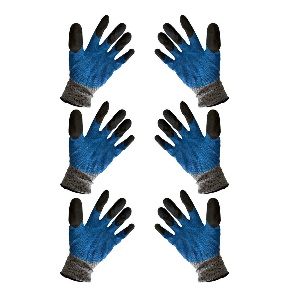 3 pairs Double-Dip Grey Work Gloves with Blue Coating and Black Tips