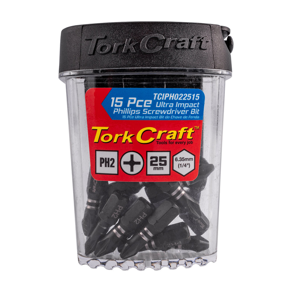 Tork Craft Impact Phil.2 X 25Mm Insert Bit 15Pc Tic Tac Case Ph2