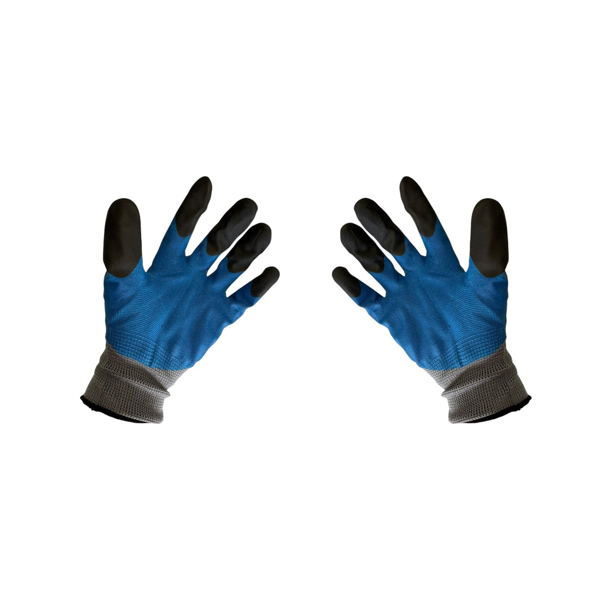 Double-Dip Grey Work Gloves with Blue Coating and Black Tips