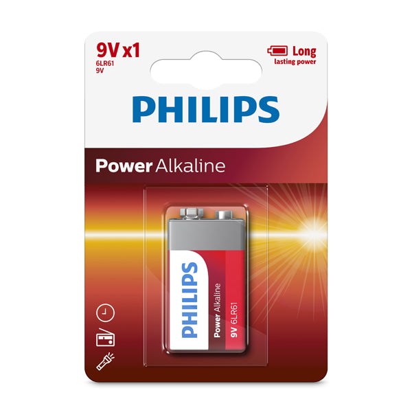 Philips - Power Alkaline 6LR61 Battery 9V 1 Pack