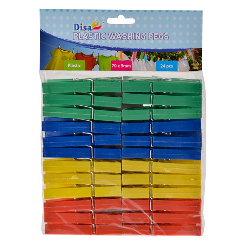 Washing Pegs - Assorted Colours - Plastic - 70mm - 24 Piece - 12 Pack