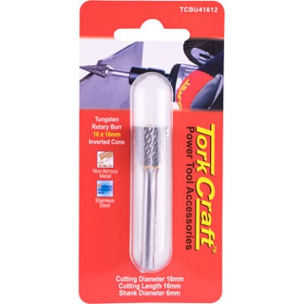 Tork Craft Rotary Burr Tungsten 16x6x16mm Inverted Cone