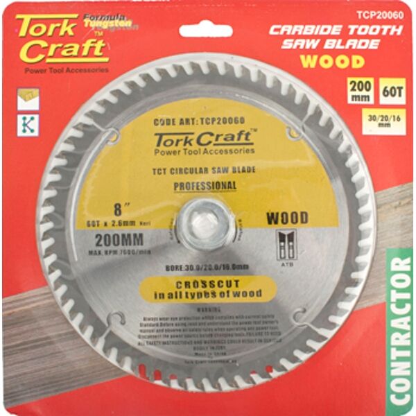 Tork Craft Blade Contractor 200 X 60T 30/20/16 Circular Saw TCT