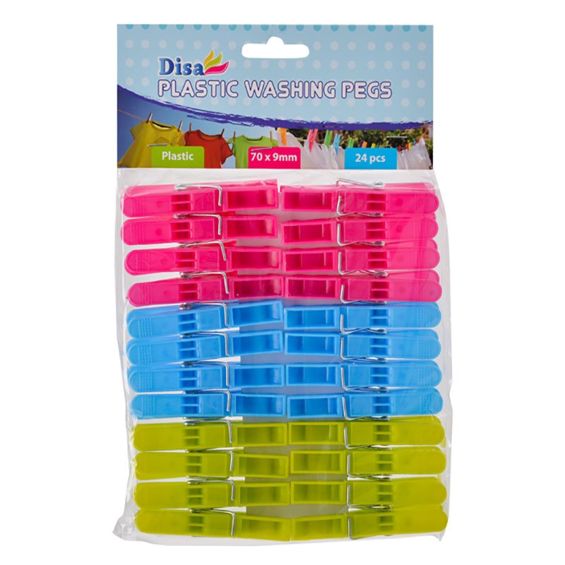 Washing Pegs - Assorted Colours - Plastic - 70mm - 24 Piece