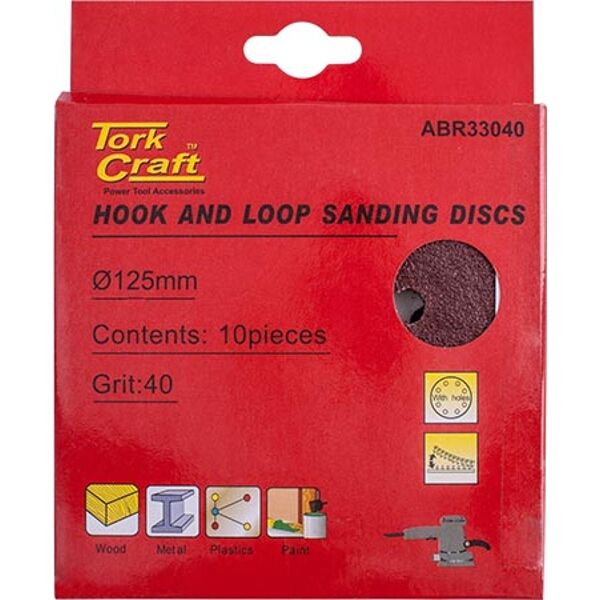 Tork Craft Sanding Disc Hook & Loop 125mm 40 Grit with Holes 10/Pk
