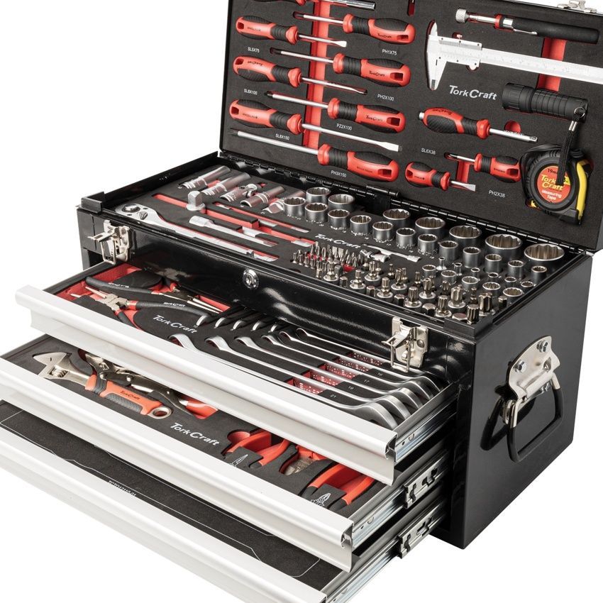 Tork Craft Tool Box 154 Pce 3 Drawer & Top Tray 535X255 X 315Mm Track Box