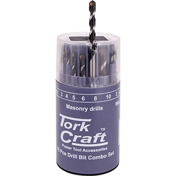 Tork Craft Drill Bit 18 Set Combo Wood + Masonry + HSS In Plastic Container