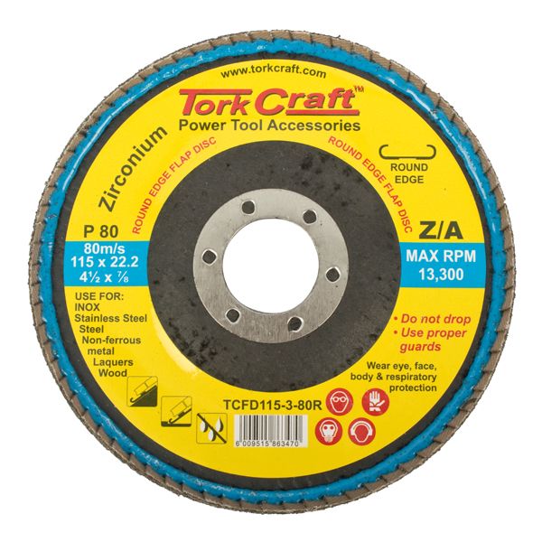 Tork Craft Flap Disc Round Edge Zirconium 115mm 80 Grit Flat