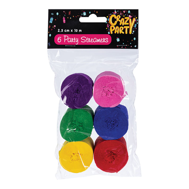 Streamers - Party Accessories - Assorted Colours - 2.5cm x 10m - 6 Pieces