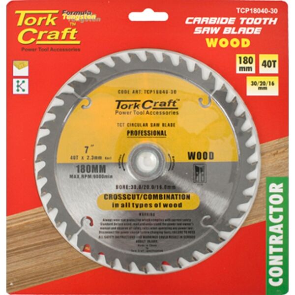 Tork Craft Blade Contractor 180 X 40T 30/20/16 Circular Saw TCT