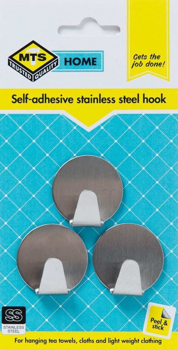 MTS Home Small Round Stainless Steel Hooks - Pack of 3 (Self-Adhesive)
