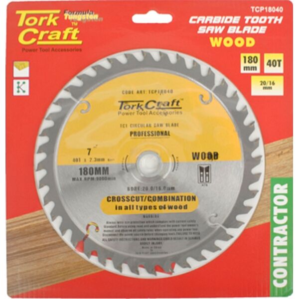 Tork Craft Blade Contractor 180 X 40T 20/16 Circular Saw TCT