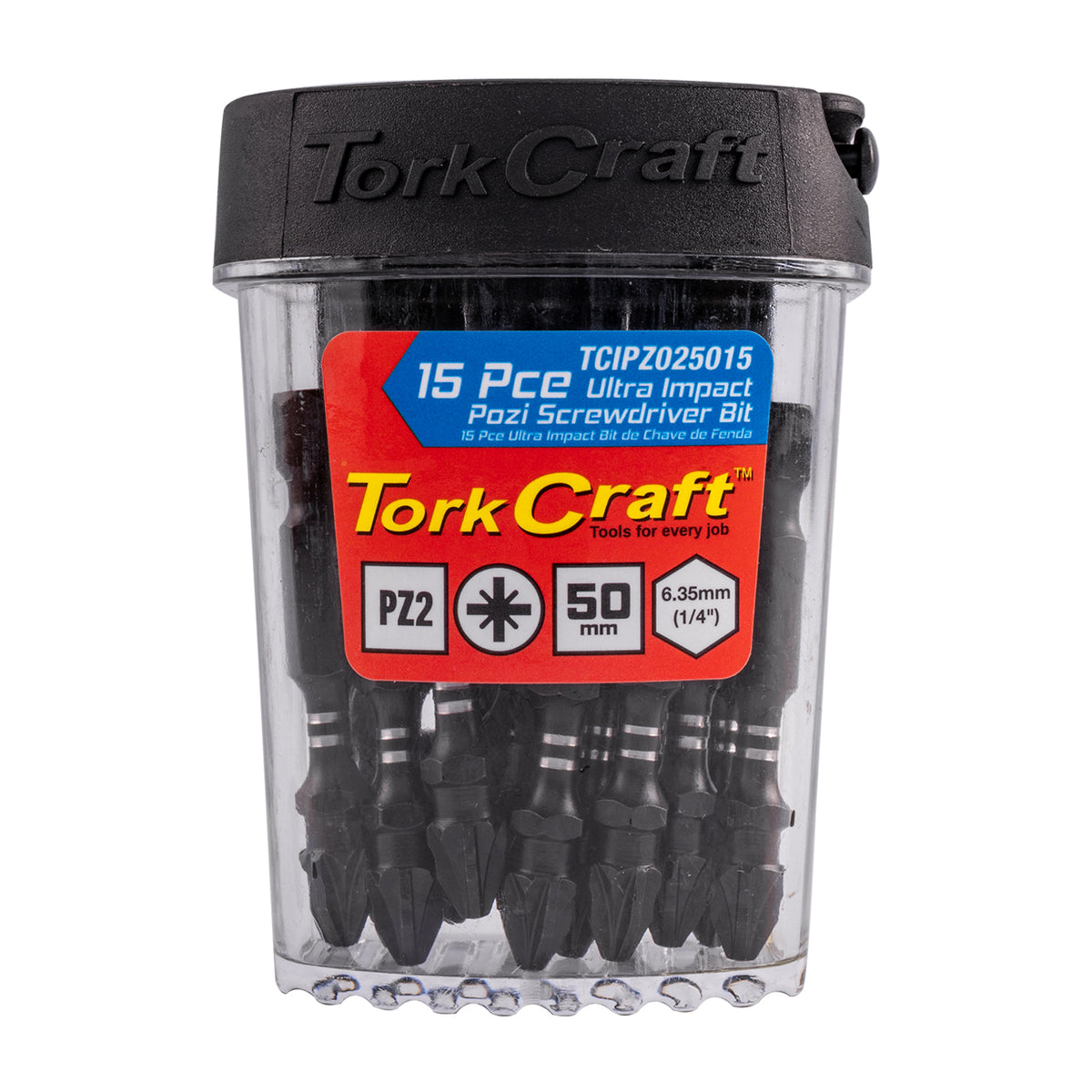 Tork Craft Impact Pozi.2 X 50Mm Insert Bit 15Pc Tic Tac Case Pz2