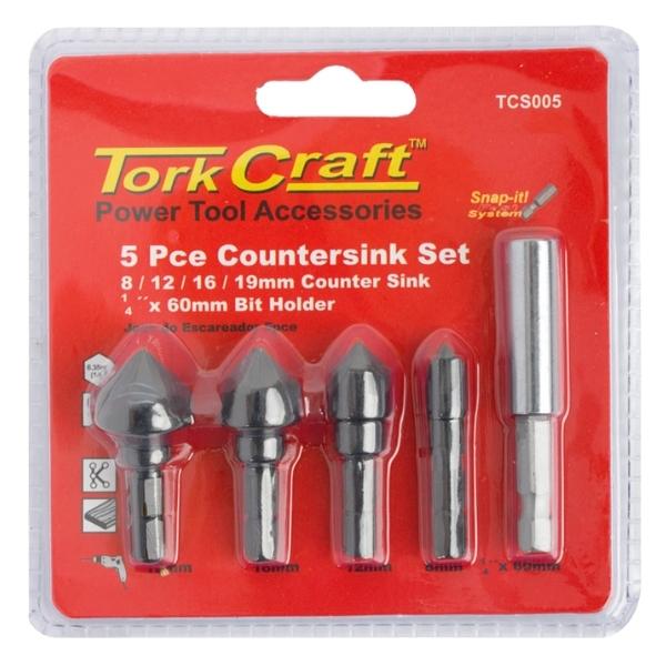Tork Craft - Countersink Set Carbon with C/W Hex Shank Adaptor - 5 Piece