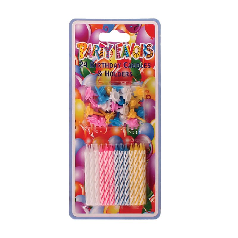 Birthday Candles - With Holders - Assorted Colours - 24-Piece