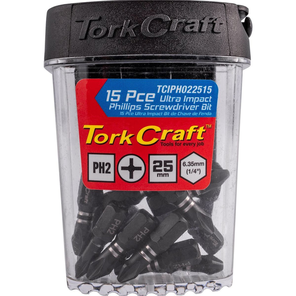 Tork Craft Impact Phil.2 X 25Mm Insert Bit 15Pc Tic Tac Case Ph2
