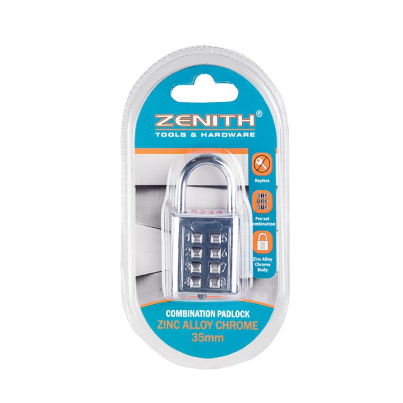 Combination Padlock - Zinc Alloy Chrome - 8 Digits - Silver - 35mm