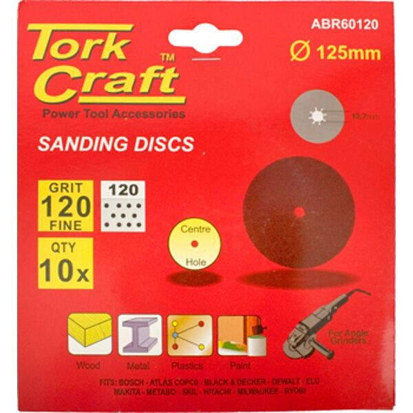Tork Craft Sanding Disc 125mm 120 Grit Centre Hole 10/Pk
