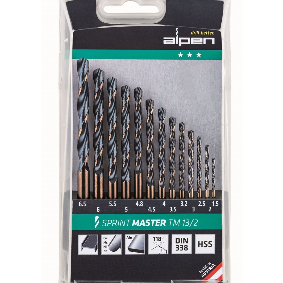Alpen Hss Sprint Master Drill Bit Set 13 Piece 1.5-6.5 3.2+4.8 Tm13-2