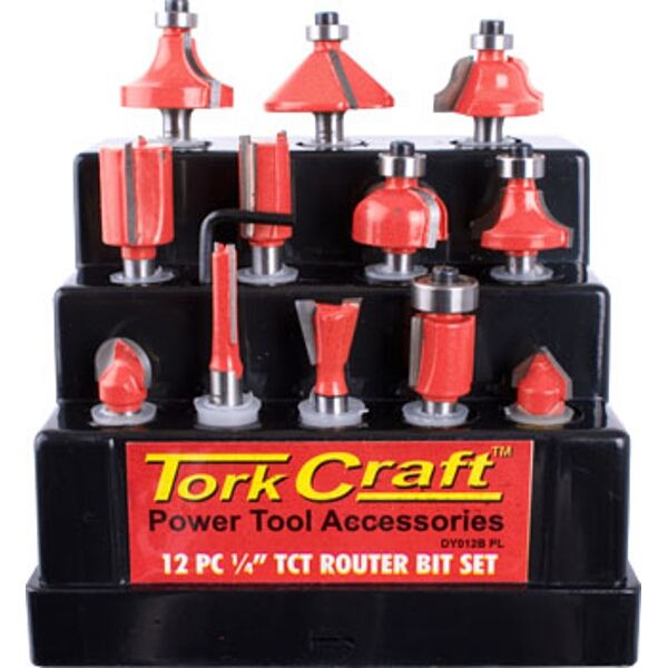 Tork Craft Router Bit Set 12Pc Plastic Box 1/4 Shank