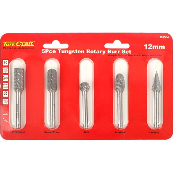 Tork Craft Rotary Burr Set 5 Piece Asstd 12mm Dia Tungsten