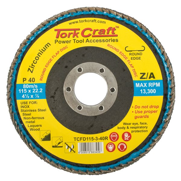 Tork Craft Flap Disc Round Edge Zirconium 115mm 40 Grit Flat