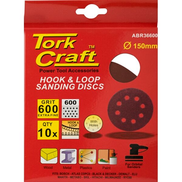 Tork Craft Sanding Disc Hook & Loop 150mm 600 Grit with Holes 10/Pk