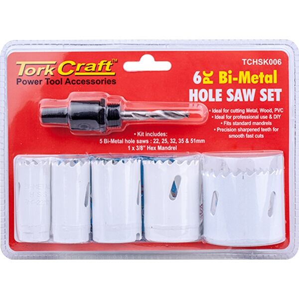Tork Craft Hole Saw Set 6Pce Bi-Metal (22/25/32/35/51mm & 3/8 Hex Mandrel)