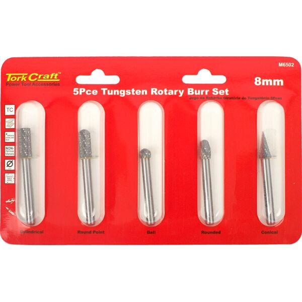 Tork Craft Rotary Burr Set 5 Piece Asstd 8mm Dia Tungsten