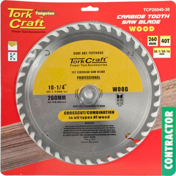 Tork Craft Blade Contractor 260 X 40T 30/1/20/16 Circular Saw TCT