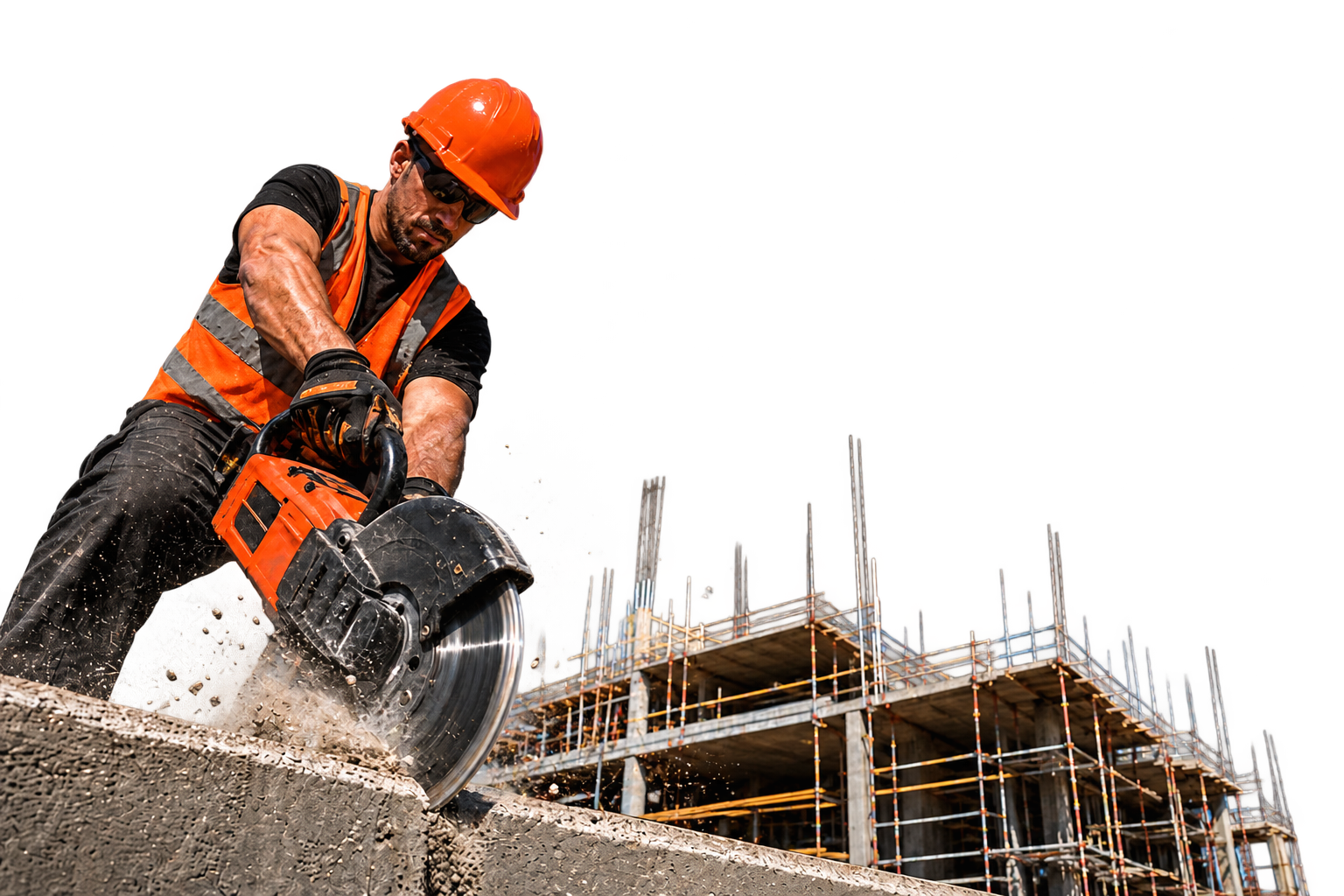 Construction worker cutting concrete at a building site