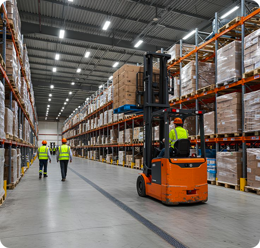 Warehouse team working alongside stocked shelves and a forklift